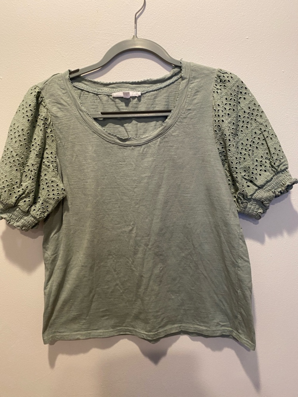 Jane and Delancey Sage Green Puff Eyelet Sleeve Tee medium